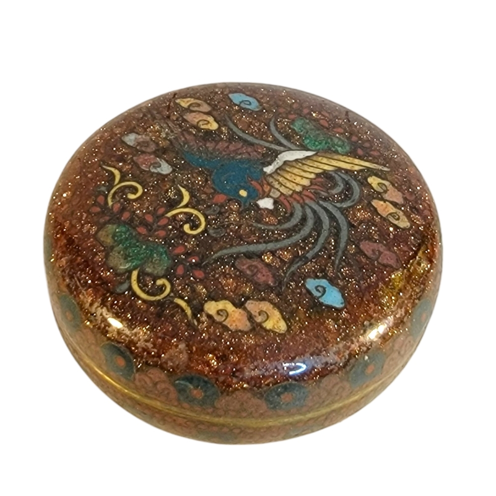 Antique 19th C. Japanese Cloisonné Sparkle Mica Phoenix Round Jewlrey Box Rare